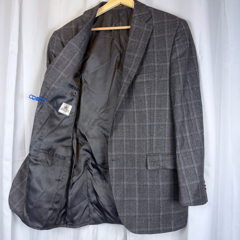 Peter Millar Mens Grey Windowpane Wool Blend Two Button Sport Coat Blazer 44R